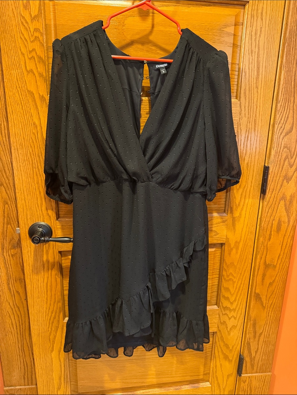 Express Black Dot-Textured Ruffle Wrap Mini Dress
